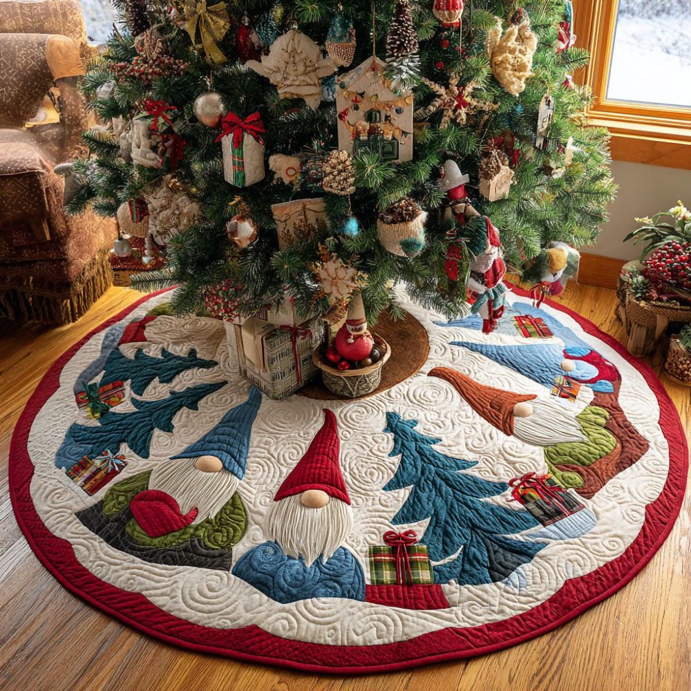 Whimsical Forest Gnome Party Christmas Tree Skirt – Bright Gnome Scene, Vibrant Print, Stitched Finish, Custom Sizes, Handmade To Order