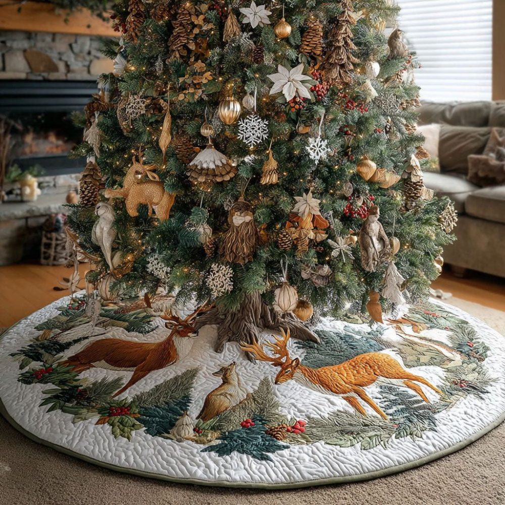 Luxury Handmade Forest Majesty Christmas Tree Skirt – Regal Evergreen & Gold Embroidery, Plush Velvet Backing, Custom Sizes, Gift-Ready