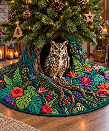 Custom Forest Owl Christmas Tree Skirt — Hand-Sewn Woodland Owl Design, Thick Felt Backing, Perfect Holiday Gift & Centerpiece