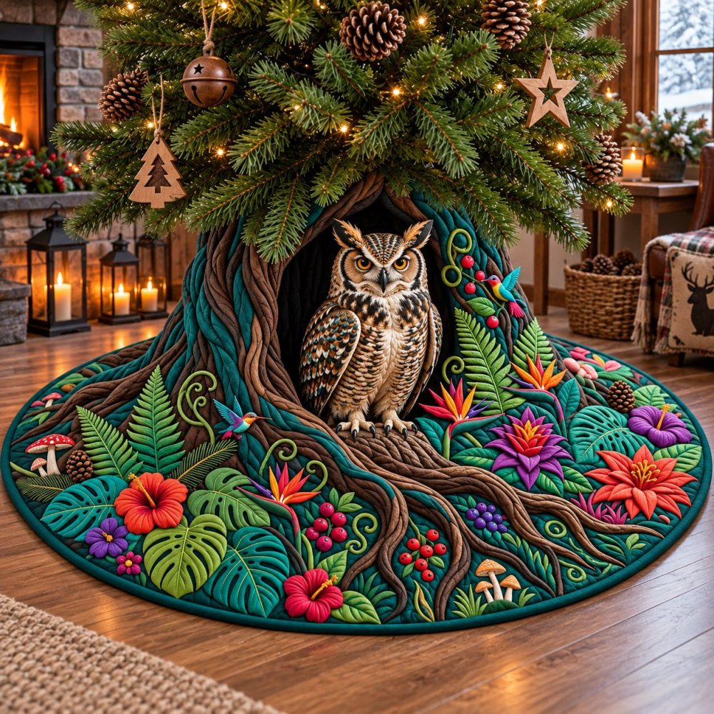 Custom Forest Owl Christmas Tree Skirt — Hand-Sewn Woodland Owl Design, Thick Felt Backing, Perfect Holiday Gift & Centerpiece