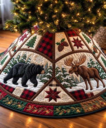 Handmade Forest Wildlife Holiday Tree Skirt — Plush Rustic Christmas Tree Skirt For Cabin Décor, Custom Sizes & Personalized Finish