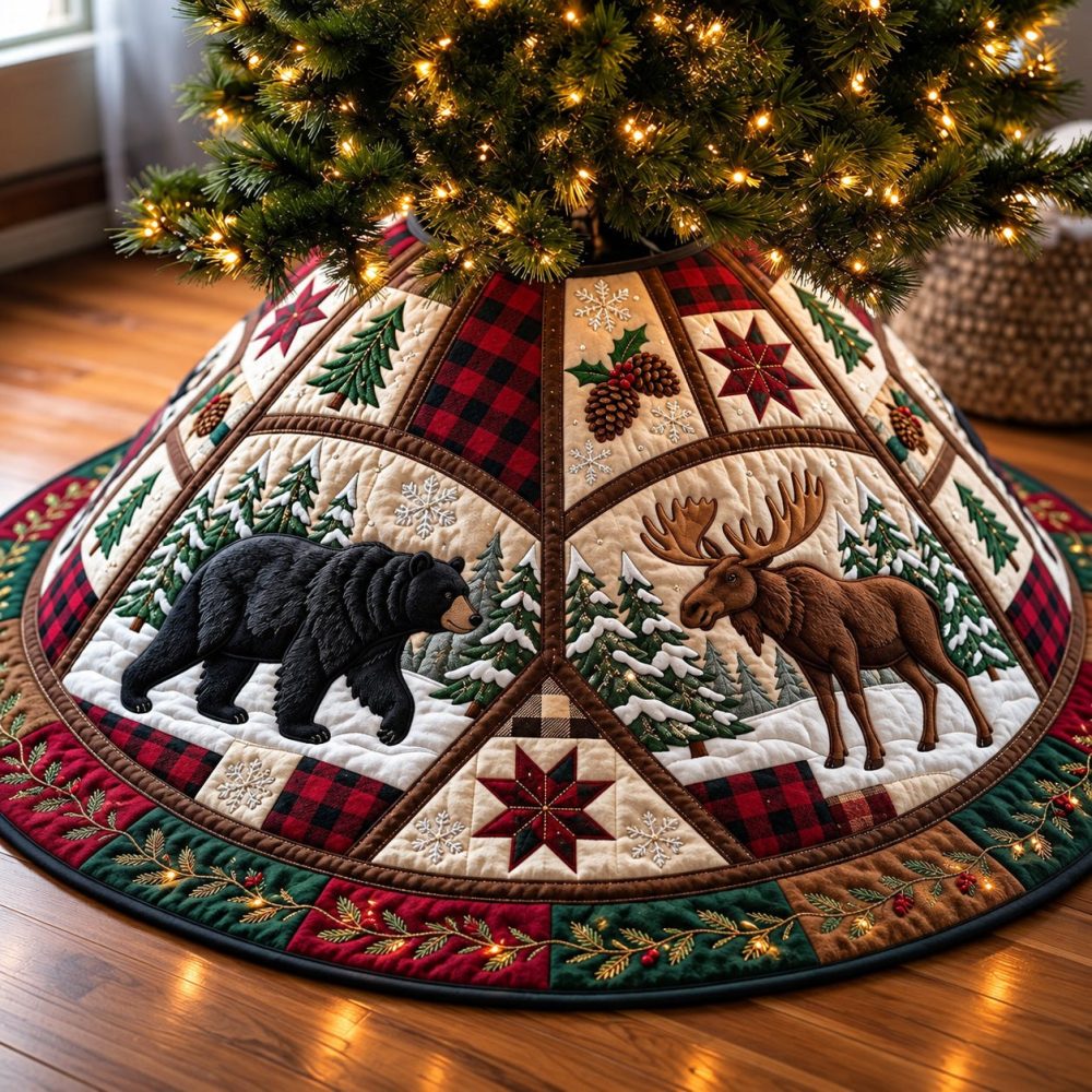 Handmade Forest Wildlife Holiday Tree Skirt — Plush Rustic Christmas Tree Skirt For Cabin Décor, Custom Sizes & Personalized Finish