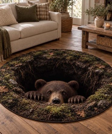 Forest Bear Round Carpet — Rustic Woodland Animal Accent Rug, Plush Circular Floor Mat For Living Room, Cabin Decor, Kid-Friendly