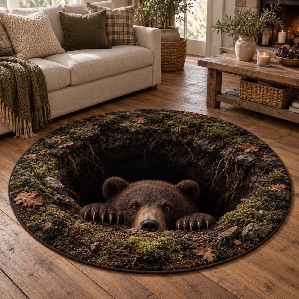 Forest Bear Round Carpet — Rustic Woodland Animal Accent Rug, Plush Circular Floor Mat For Living Room, Cabin Decor, Kid-Friendly