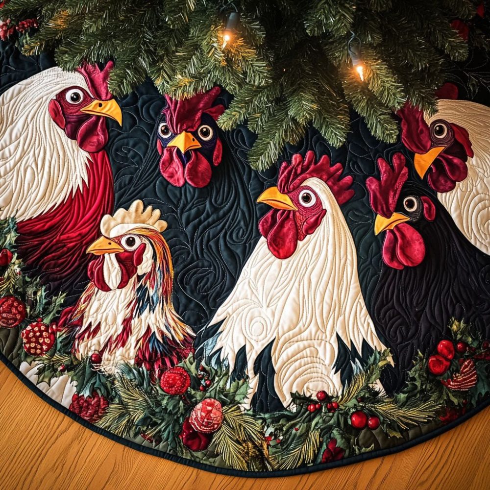 Fowl Festivities Holiday Tree Skirt — Whimsical Handmade Christmas Tree Skirt With Bird Motifs, Customizable & Made To Order