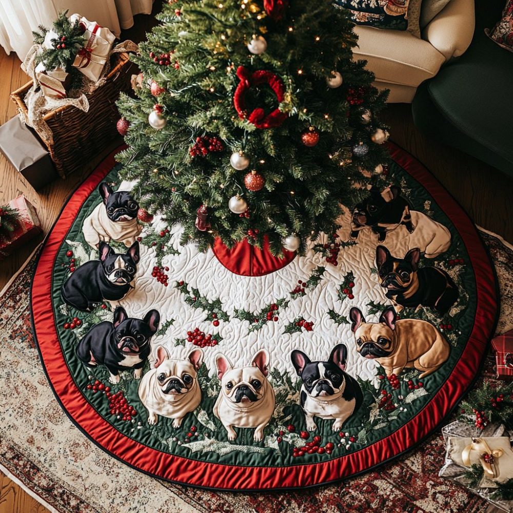 Handcrafted Frenchie Holiday Tree Skirt — Custom Christmas Tree Skirt For French Bulldog Lovers, Personalized & Made To Order