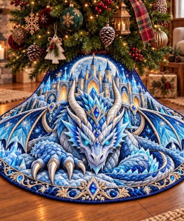 Frost Dragon Castle Winter Tree Skirt — Icy Dragon Fortress Holiday Mat, Intricate Embroidery, Durable Materials & Custom-Made Sizes Available