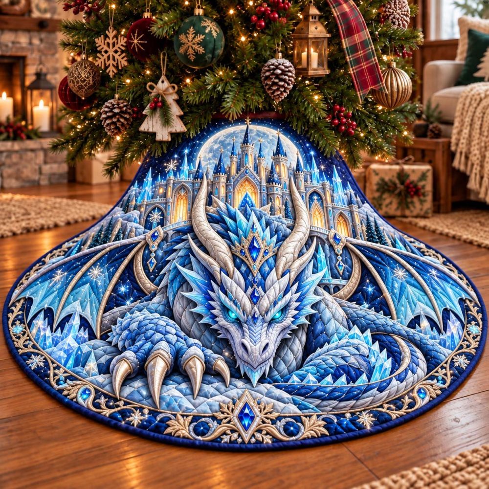 Frost Dragon Castle Winter Tree Skirt — Icy Dragon Fortress Holiday Mat, Intricate Embroidery, Durable Materials & Custom-Made Sizes Available