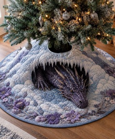 Frost Dragon Cave Custom Tree Skirt — Mythic Dragon Artwork On Plush, Made-To-Order Fantasy Holiday Decor For Themed Rooms & Gifts