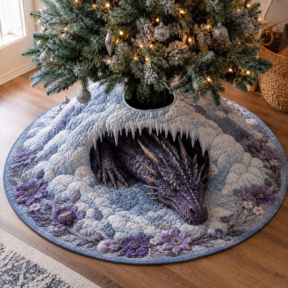 Frost Dragon Cave Custom Tree Skirt — Mythic Dragon Artwork On Plush, Made-To-Order Fantasy Holiday Decor For Themed Rooms & Gifts