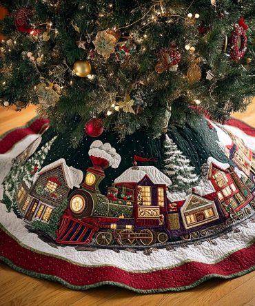 Frost Express Custom Train Tree Skirt — Festive Locomotive Print On Plush, Personalized Sizes For Vintage & Family Holiday Scenes