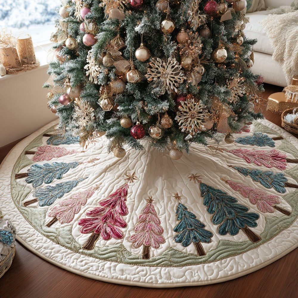 Frost Fir Luxury Tree Skirt — Handmade Fir Forest Design On Plush With Faux Fur Border, Custom Sizes For Elegant Christmas Displays