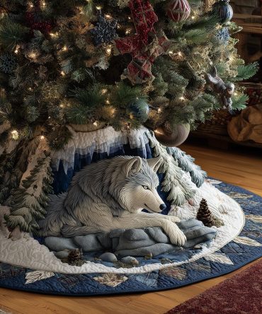 Frost Wolf Den Custom Holiday Tree Skirt — Rustic Wolf Den Illustration On Plush, Personalized Sizes For Cabin & Lodge Decor