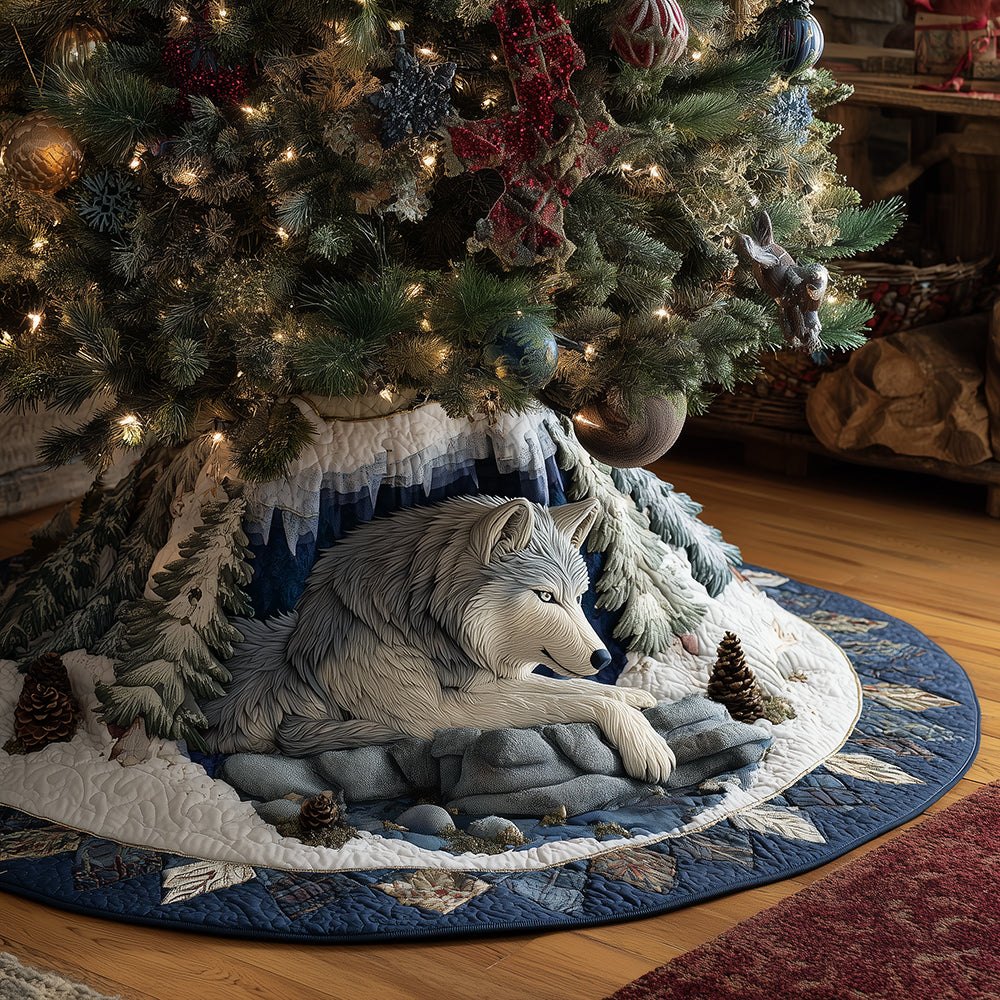 Frost Wolf Den Custom Holiday Tree Skirt — Rustic Wolf Den Illustration On Plush, Personalized Sizes For Cabin & Lodge Decor