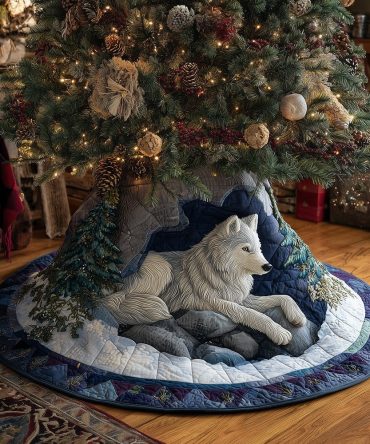 Frost Wolf At Dawn Custom Tree Skirt — Wilderness Wolf Artwork On Plush, Made-To-Order Cabin Style Christmas Decor