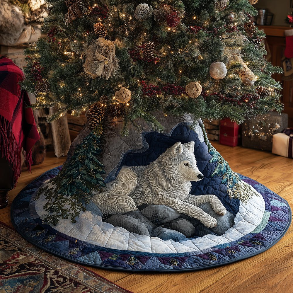 Frost Wolf At Dawn Custom Tree Skirt — Wilderness Wolf Artwork On Plush, Made-To-Order Cabin Style Christmas Decor