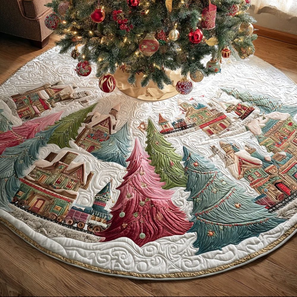 Custom Frostbrook Village Holiday Tree Skirt — Scenic Village Print On Plush, Personalized Sizes For Festive Home Display