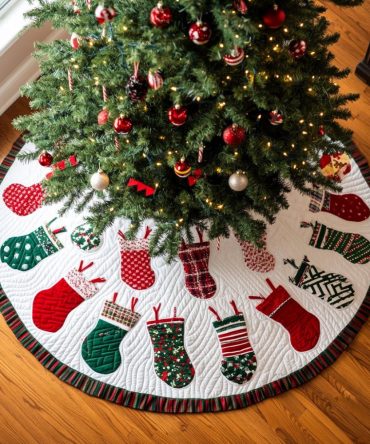 Stocking Ring On Snow White Tree Skirt - Made-To-Order Christmas Base With Stocking Motifs, Elegant Winter Home Accent