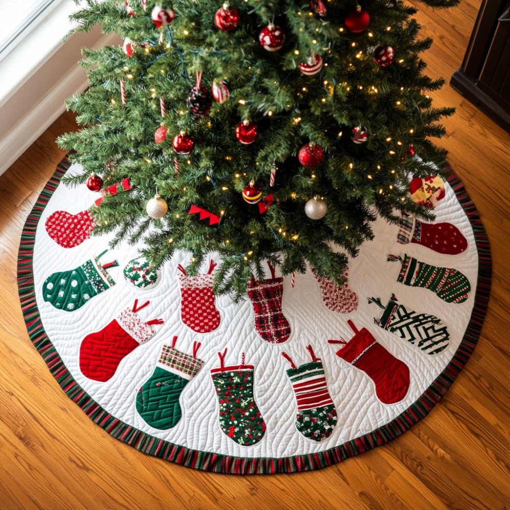Stocking Ring On Snow White Tree Skirt - Made-To-Order Christmas Base With Stocking Motifs, Elegant Winter Home Accent