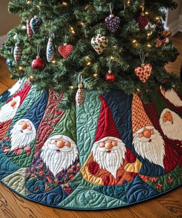 Gnome Fan Panel Holiday Tree Skirt - Made-To-Order Patchwork Christmas Skirt With Gnome Motifs, Custom Sizes Available