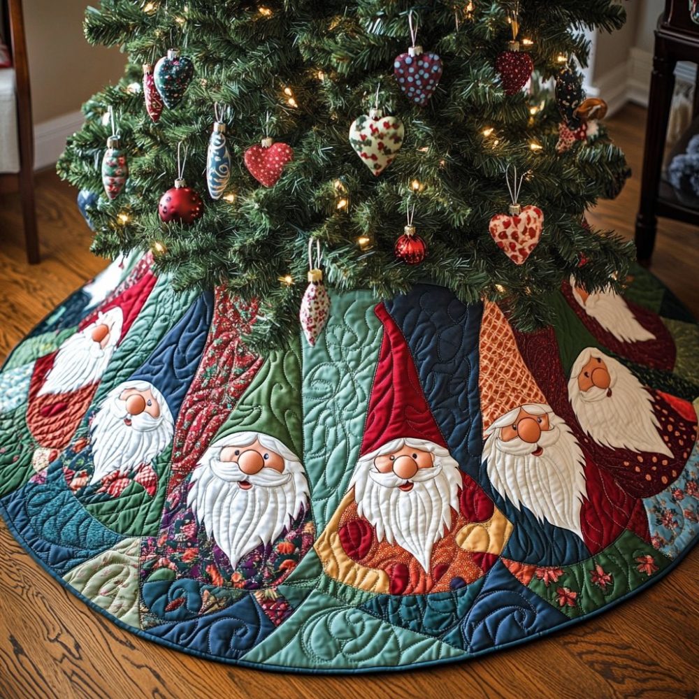 Gnome Fan Panel Holiday Tree Skirt - Made-To-Order Patchwork Christmas Skirt With Gnome Motifs, Custom Sizes Available
