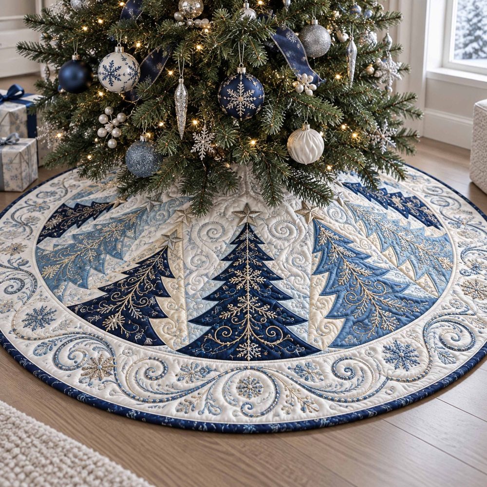 Frosted Fir Elegant Tree Skirt — Made-To-Order Icy Fir Design, Plush Lining & Custom Embroidery Options For Holidays