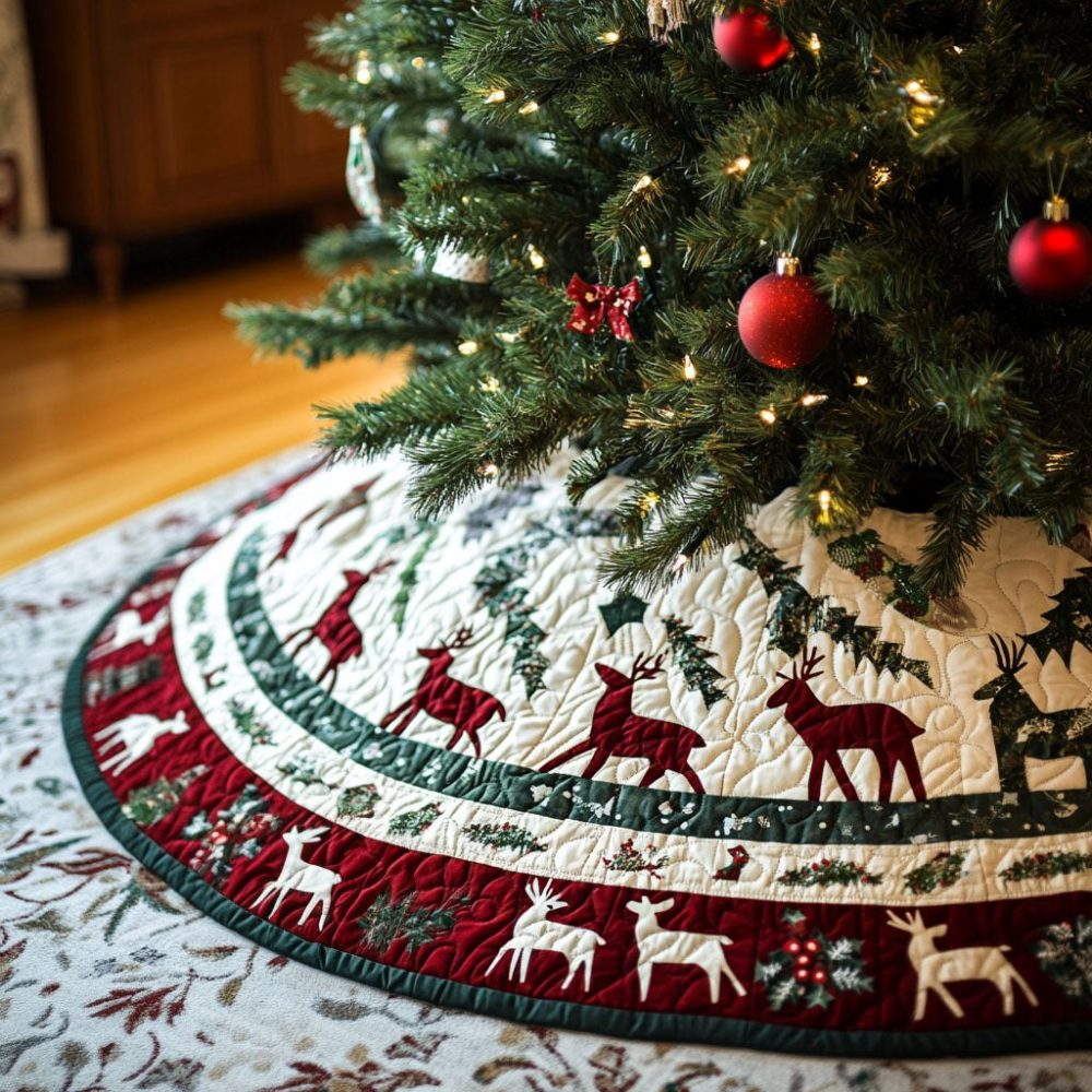 Handmade Frosted Forest Gathering Holiday Tree Skirt — Custom Woodland Christmas Tree Skirt For Rustic Seasonal Decor