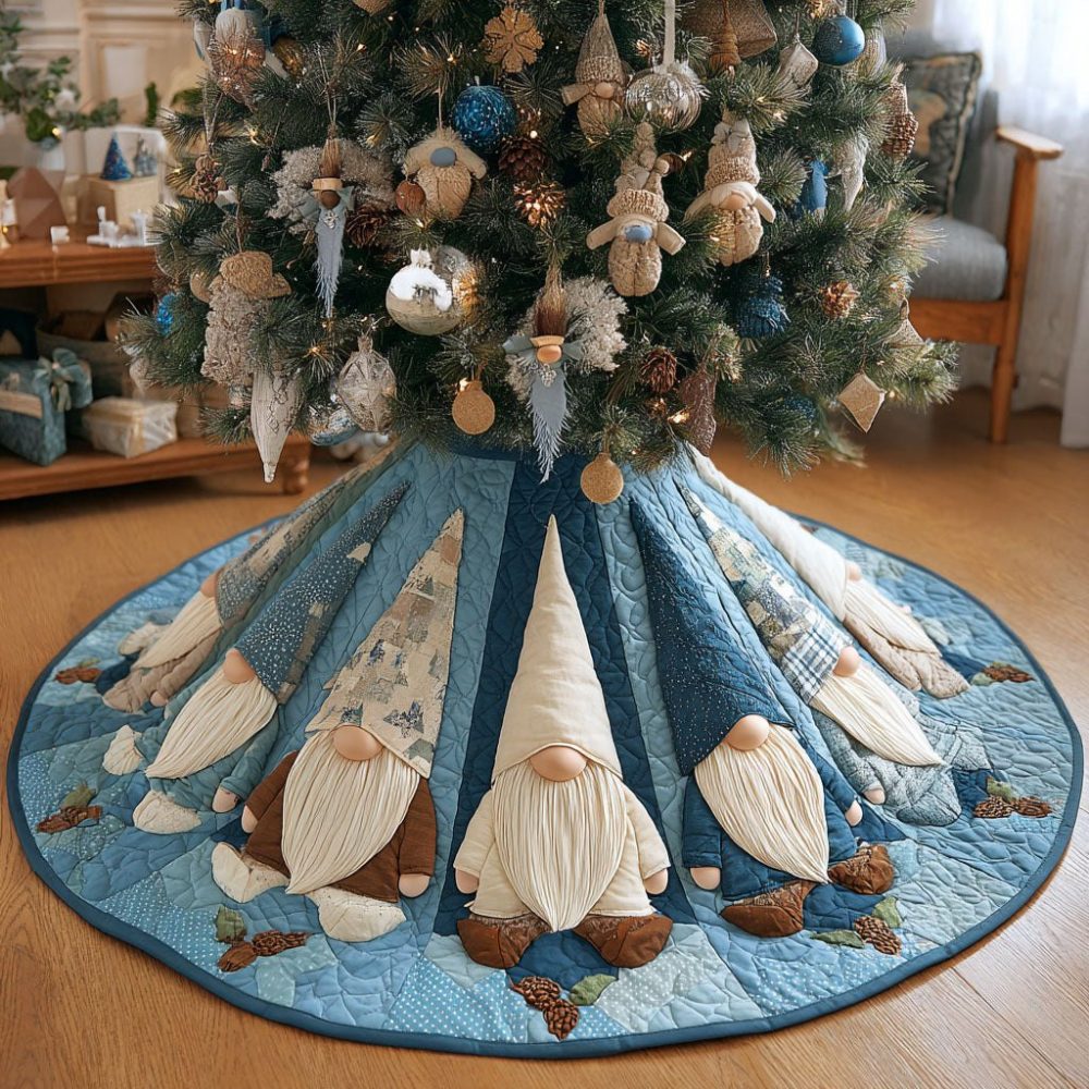 Handcrafted Frosted Forest Gnomes Holiday Tree Skirt — Custom Christmas Tree Skirt Featuring Playful Gnome Design For Family Fun