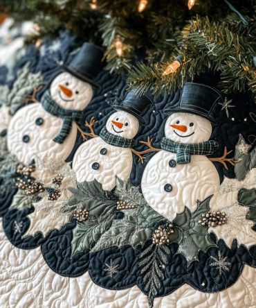 Top Hat Snowman Family Tree Skirt - Made-To-Order Christmas Quilt Skirt With Snowman Cluster, Festive Home Decor Gift