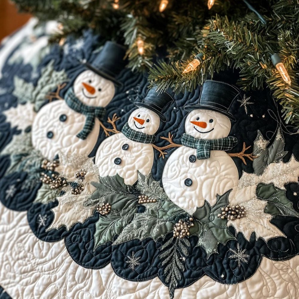 Top Hat Snowman Family Tree Skirt - Made-To-Order Christmas Quilt Skirt With Snowman Cluster, Festive Home Decor Gift
