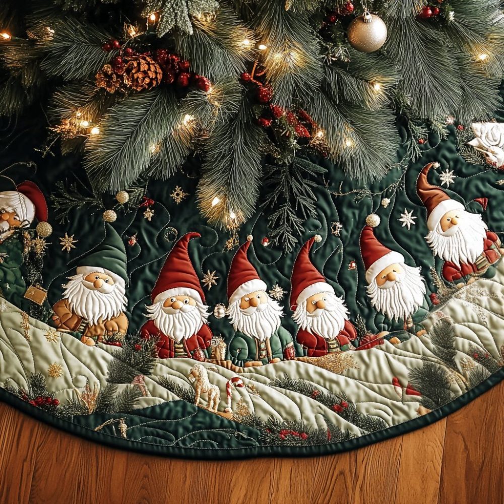 Red Hat Gnome Line Holiday Tree Skirt - Made-To-Order Christmas Décor With Playful Gnomes, Perfect Gift And Festive Floor Cover