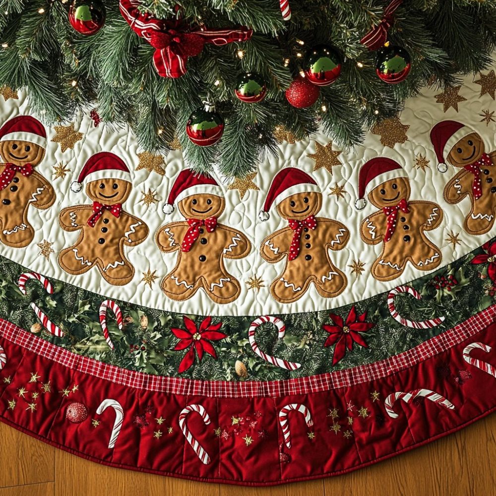 Handcrafted Frosted Ginger Wonderland Holiday Tree Skirt — Custom Gingerbread-Inspired Christmas Tree Skirt For Festive Cheer
