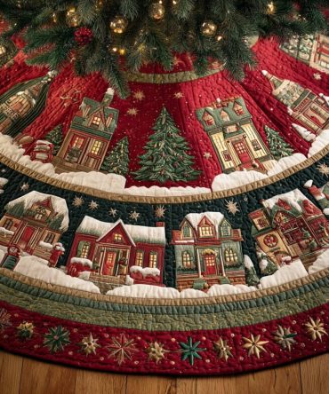 Handmade Frosted Pine Circle Holiday Tree Skirt — Custom Pine Motif Christmas Tree Skirt For Rustic & Modern Homes
