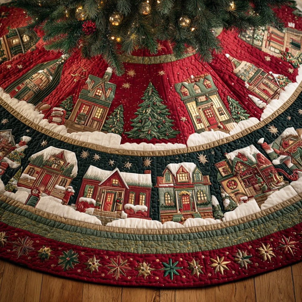 Handmade Frosted Pine Circle Holiday Tree Skirt — Custom Pine Motif Christmas Tree Skirt For Rustic & Modern Homes