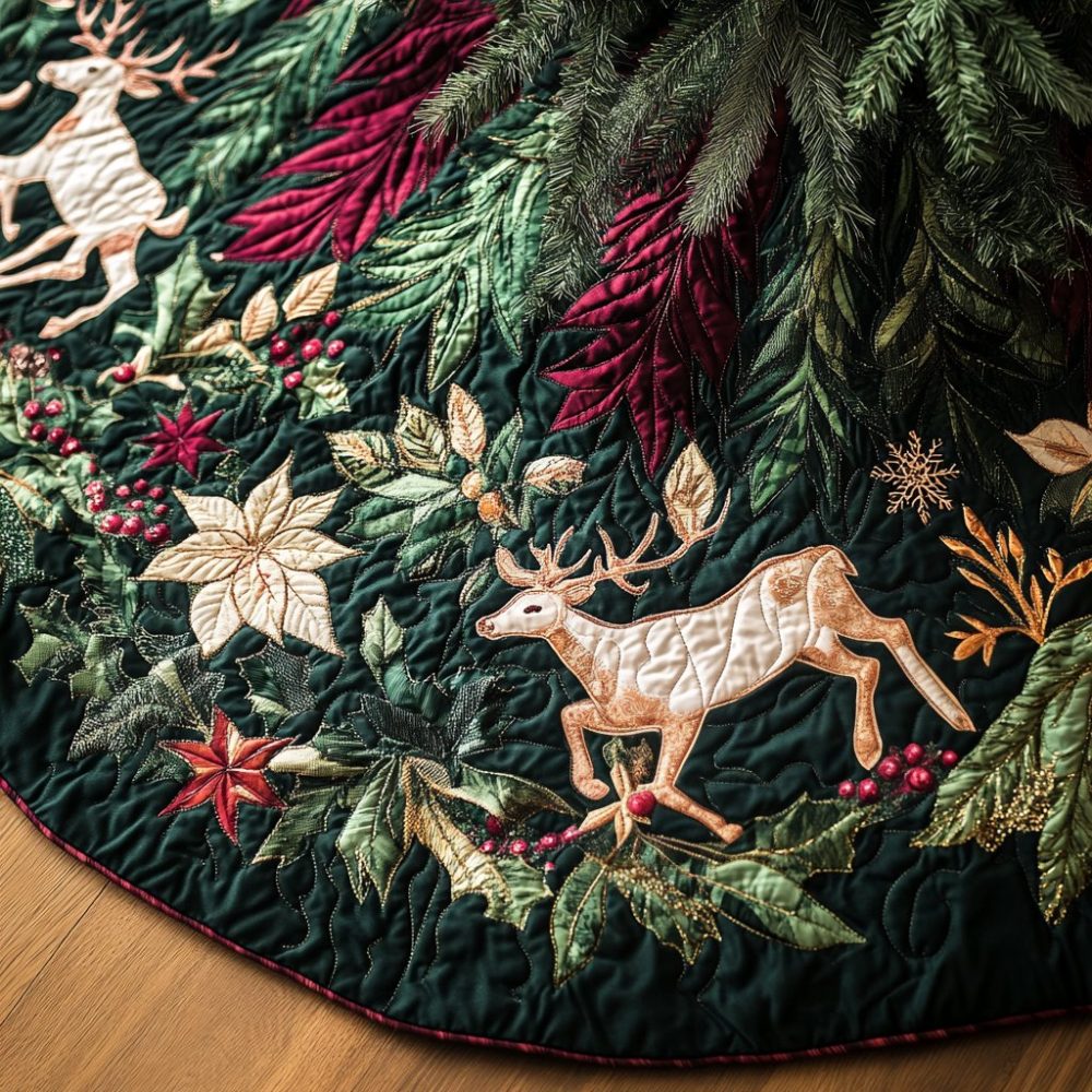 Reindeer Woodland Tree Skirt - Elegant Reindeer Among Winter Foliage, Custom Handmade Holiday Skirt In Natural Tones