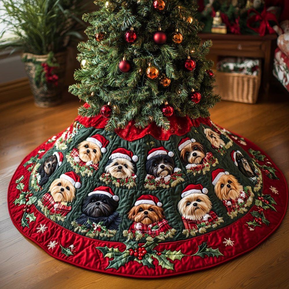 Custom Frosted Shih Tzu Holiday Tree Skirt — Handcrafted Christmas Tree Skirt With Cute Dog Design For Pet Lovers