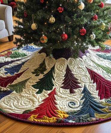 Handcrafted Frosted Tree Serenade Holiday Tree Skirt — Custom Christmas Tree Skirt With Festive Motifs For Cozy Home Décor