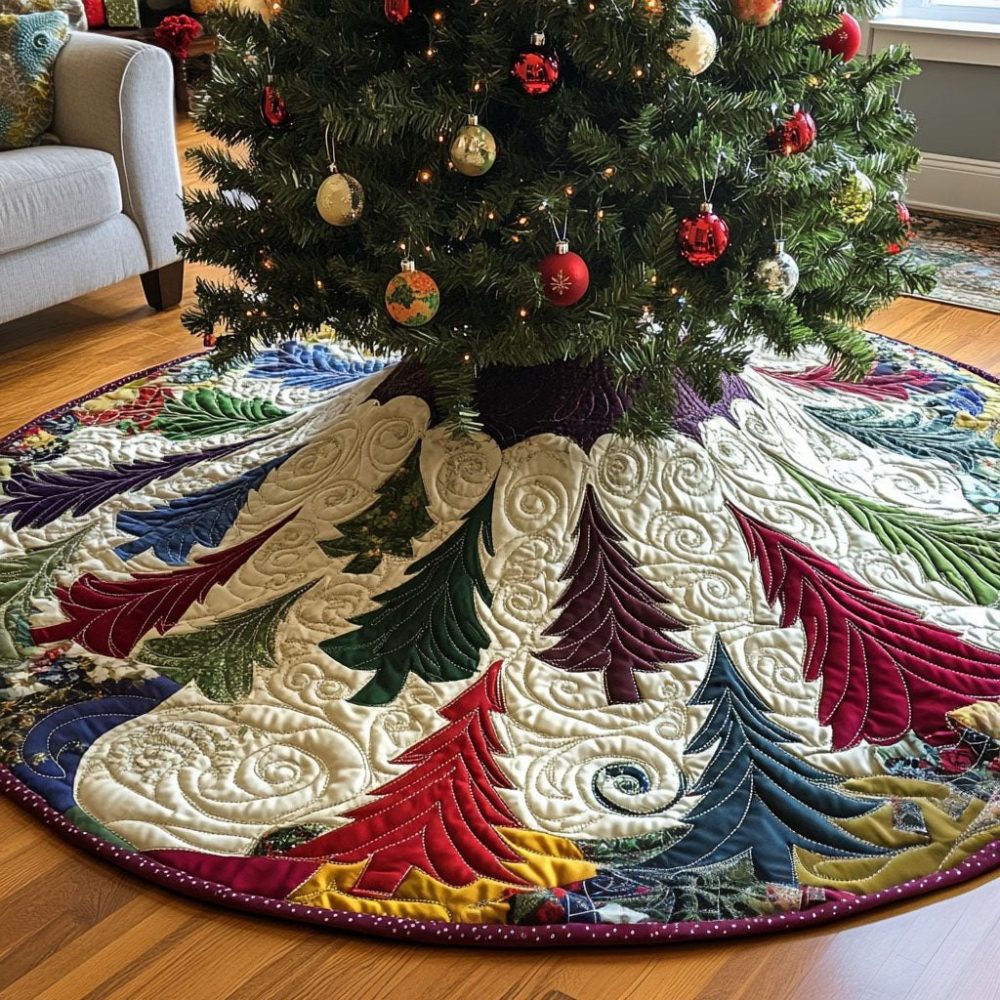 Handcrafted Frosted Tree Serenade Holiday Tree Skirt — Custom Christmas Tree Skirt With Festive Motifs For Cozy Home Décor