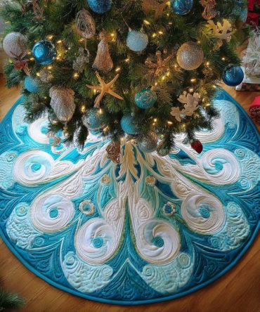 Handcrafted Frosted Waves Holiday Tree Skirt — Custom Christmas Tree Skirt Featuring Wavy Festive Design For Home & Gifts
