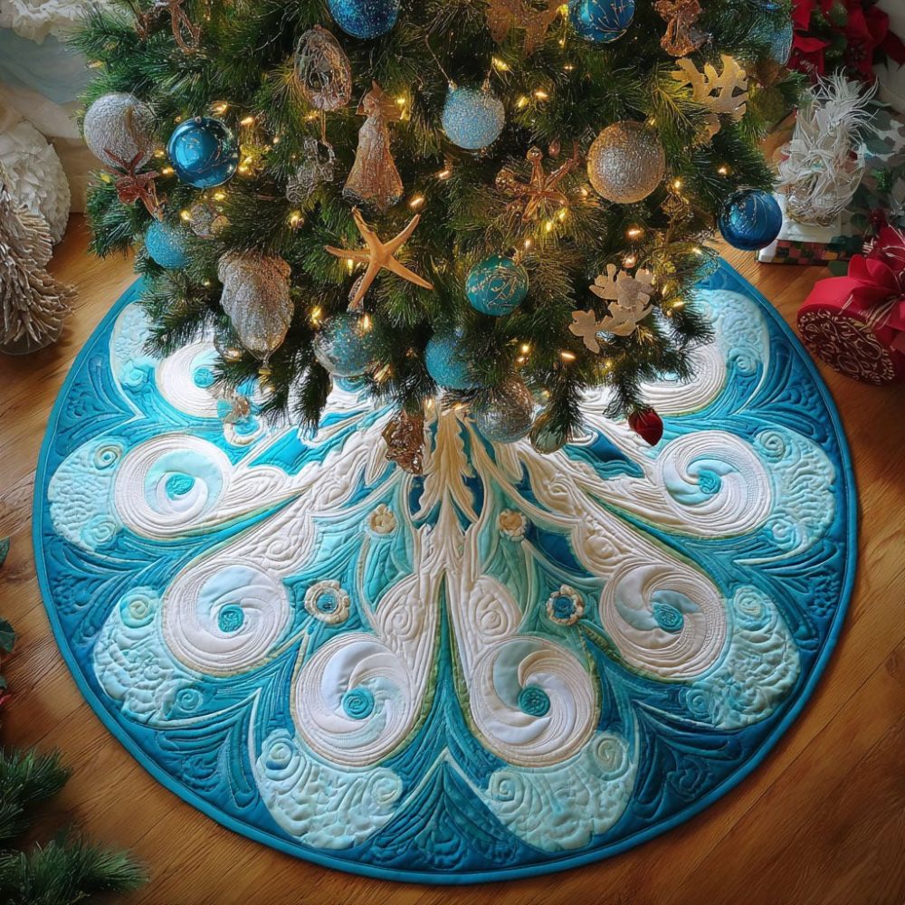 Handcrafted Frosted Waves Holiday Tree Skirt — Custom Christmas Tree Skirt Featuring Wavy Festive Design For Home & Gifts