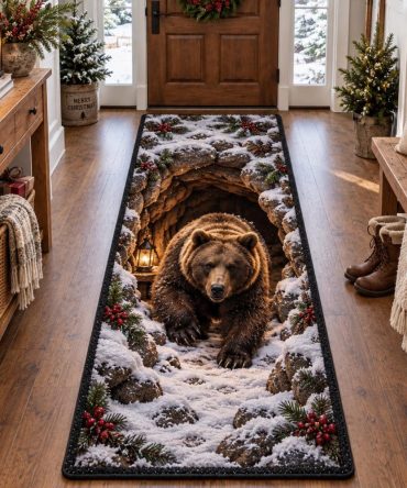 Frosted Bear Trail Runner — Winter Lodge Hallway Rug With Snowy Bear Motif, Plush Durable Pile & Non-Slip Backing For High-Traffic