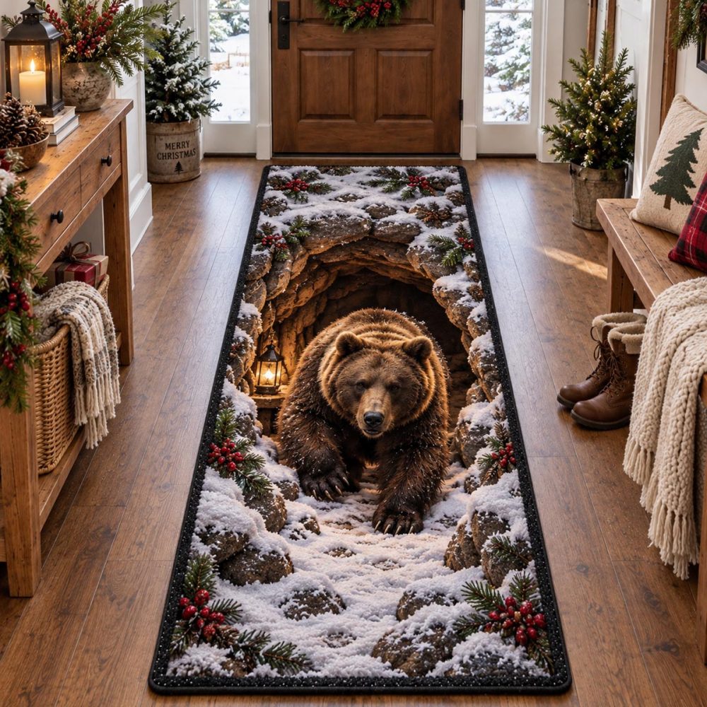 Frosted Bear Trail Runner — Winter Lodge Hallway Rug With Snowy Bear Motif, Plush Durable Pile & Non-Slip Backing For High-Traffic