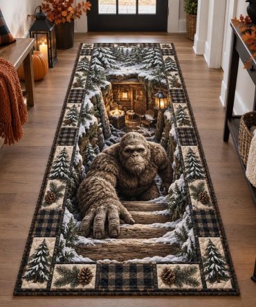 Frosted Bigfoot Stairway Runner — Winter Sasquatch Design Stair & Hall Carpet Rug For Snowy Cabin, Entryway Warmth
