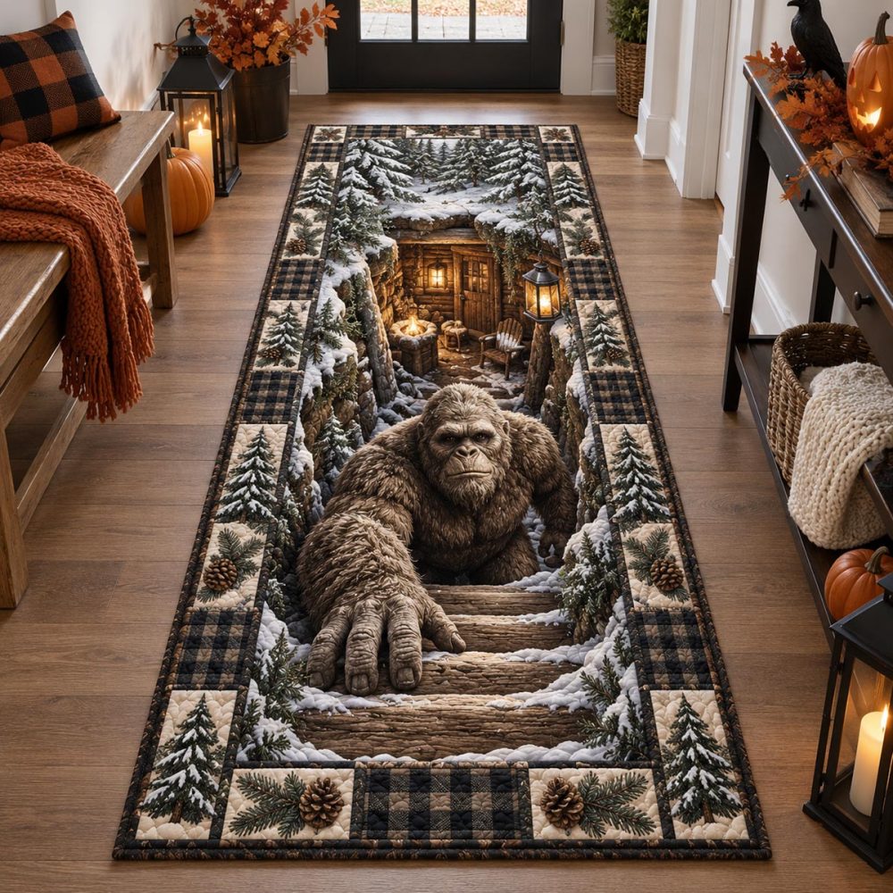 Frosted Bigfoot Stairway Runner — Winter Sasquatch Design Stair & Hall Carpet Rug For Snowy Cabin, Entryway Warmth