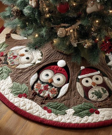 Frostlight Owl Cheer Custom Tree Skirt — Handmade Christmas Skirt With Embroidered Owls & Metallic Accents, Personalized Holiday Centerpiece