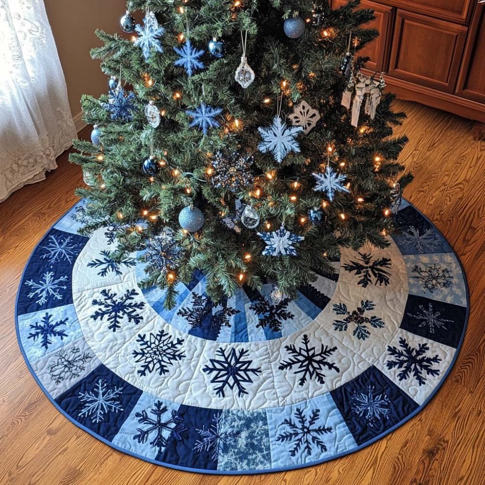 Cool Blues Frosty Tree Skirt — Frosty Blues Handmade Holiday Skirt In Coastal Winter Palette, Customizable & Perfect For Modern Christmas Decor