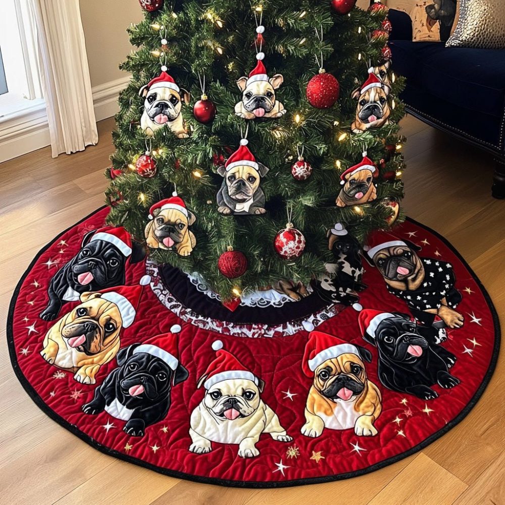 Bulldog Holiday Tree Skirt — Frosty Bulldog Custom Christmas Skirt, Personalized Pet-Themed Felt Skirt For Dog Lovers, Handmade To Order