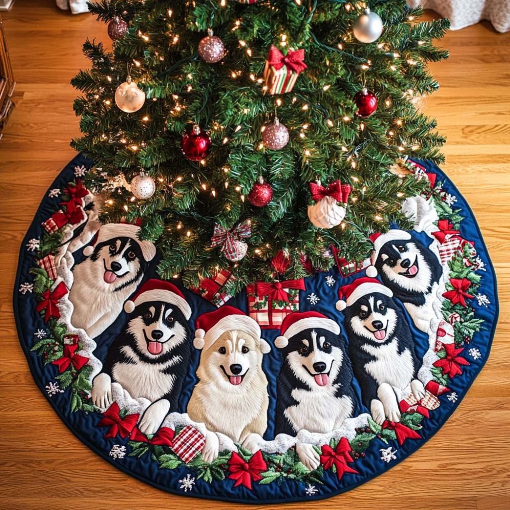 Husky Puppy Christmas Tree Skirt - Playful Husky Pups In Santa Hats, Custom-Made Winter Tree Skirt, Cozy Holiday Decor