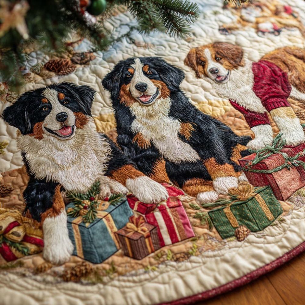 Bernese Mountain Puppy Tree Skirt - Cute Pups With Presents, Custom Handmade Christmas Skirt, Perfect Gift For Dog Owners
