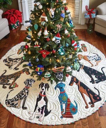 Great Dane & Dalmatian Holiday Tree Skirt - Playful Dogs Under Tree, Custom-Made Christmas Skirt For Dog Lovers